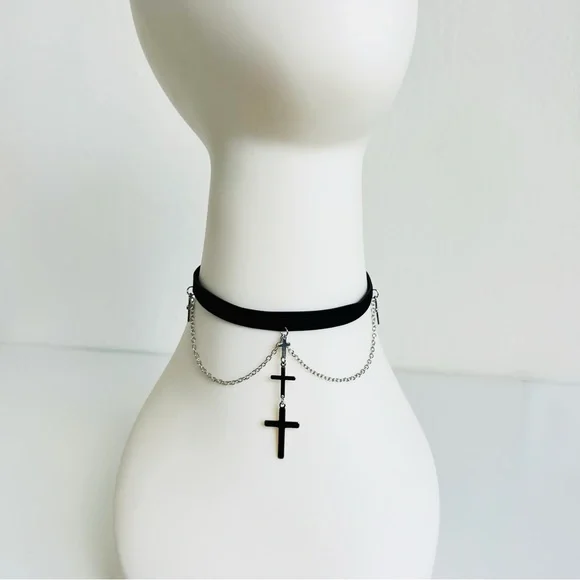Gothic Cross Necklace Gothic Black Cross Choker Necklace, Black